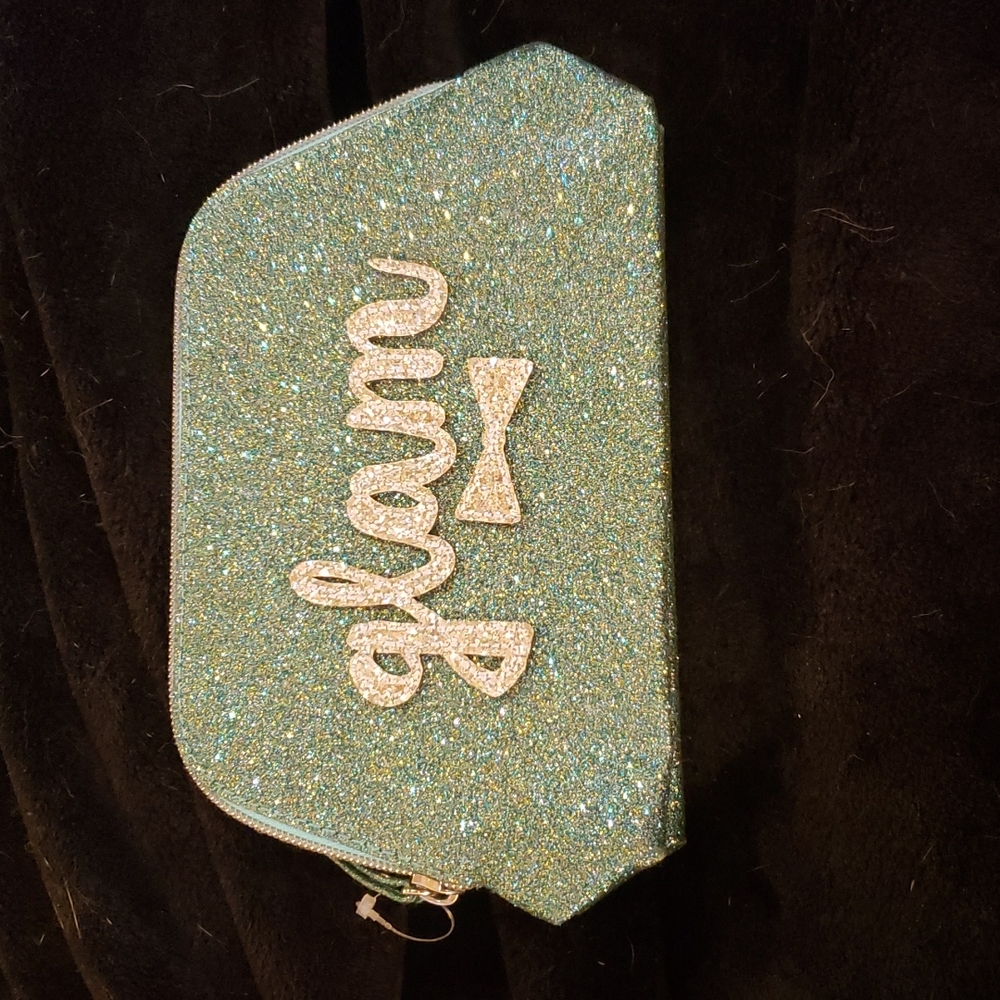 "Glam", Cosmetic, zipper bag, Turqoise, silver glitter bag.